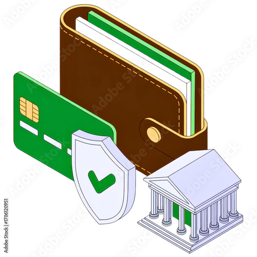 Isometric view of wallet credit card shield and bank building icon set on transparent background
