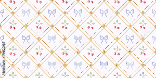 Charming watercolor pattern of cherries and blue bows on a white background with a diamond grid