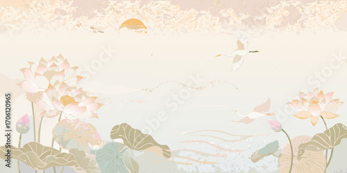 Serene asian landscape with blooming lotus flowers and graceful cranes flying at sunrise