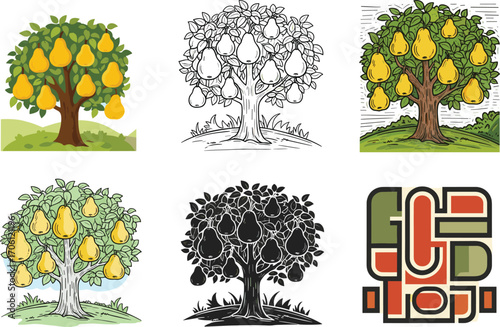 Pear tree illustrations, botanical vector set, seasonal fruit trees, abstract and realistic styles, nature clipart, silhouette and line art designs