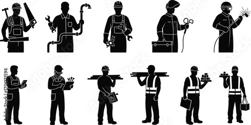 Silhouettes of construction workers, tradesmen, engineers, and technicians with tools, equipment, and gear, isolated icons for industrial, labor concepts