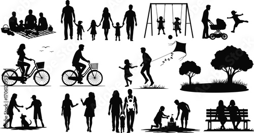 Silhouettes of family and people outdoors, biking, walking, playing, parenting, relaxing in park, picnic, black vector illustration scene