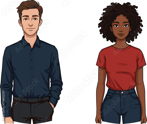 Stylized cartoon characters standing side by side in casual fashion outfits, vector illustration for modern character design and storytelling themes