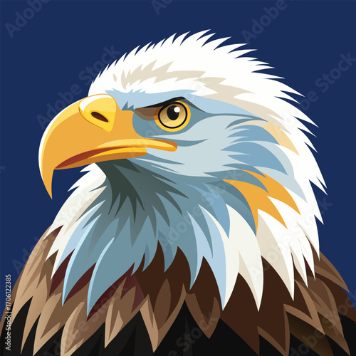 Vector art of a majestic bald eagle portrait showcases its piercing gaze and striking plumage against a deep blue backdrop