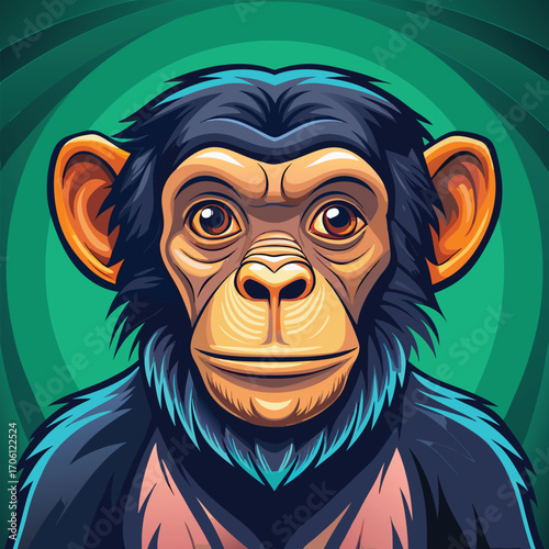 Illustration of a chimpanzee with a curious expression, showcasing its detailed facial features and expressive eyes