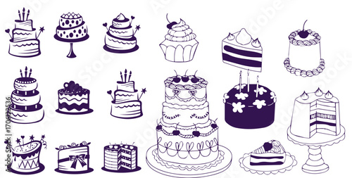 Set of stylized cakes, tarts and cupcakes. Hand drawn cartoon vector black and white sketch illustration