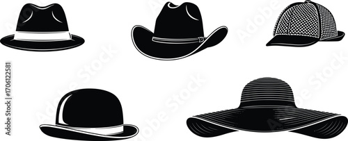 Silhouettes of five different hats including fedora, cowboy, sunhat, bowler, and baseball cap, fashion headwear vector illustration set