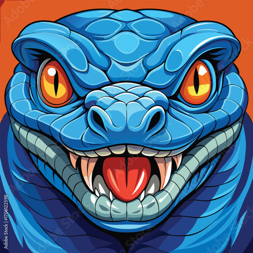 Vector art of a menacing blue snake with sharp fangs and piercing orange eyes stares intensely forward on orange background
