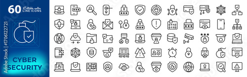 Cyber security linear icon set. Data protection, password, hacker, antivirus, firewall, padlock, spam, virus, network monitoring, warning, vector thin line icon pack. Editable stroke