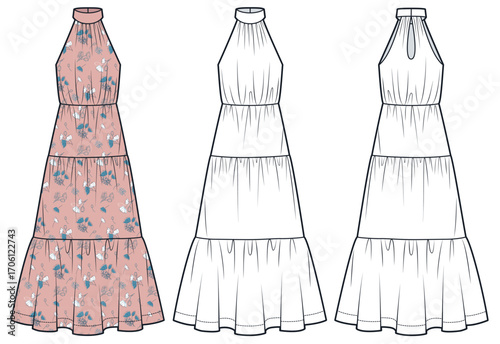 Halter neck maxi Dress with floral print technical fashion illustration. Tiered Dress fashion flat technical drawing template, front and back view, white,pink, women CAD mockup.