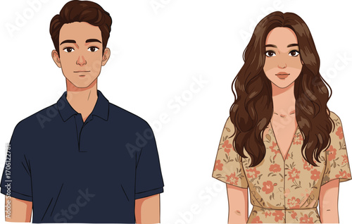 Stylized illustration of two standing individuals in casual and floral attire, ideal for character design, fashion, and identity visuals.