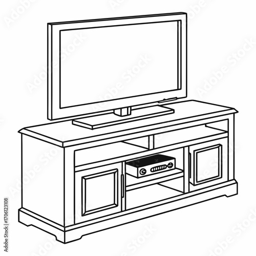 Clean line art illustration featuring a sleek media console, perfectly designed for a **modern entertainment** setup with a television and media player, enhancing a contemporary living space