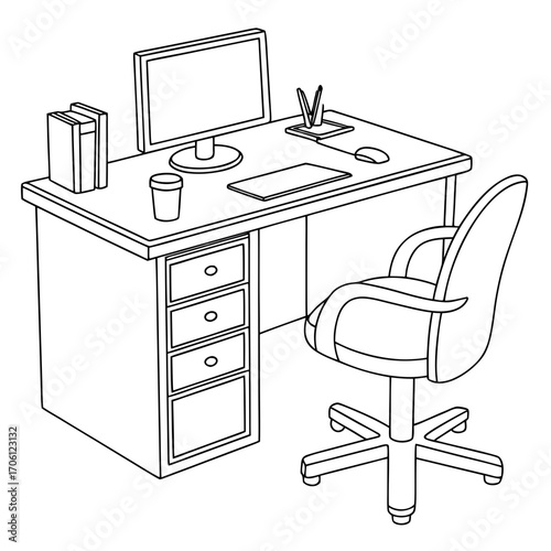 Line Art Office Minimalist Desk Setup with Computer and Chair in Clean, Modern Design