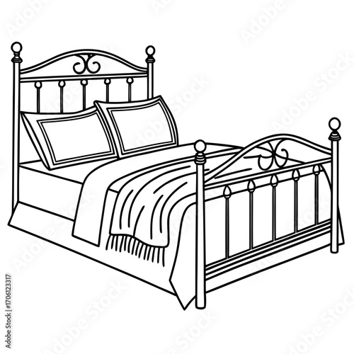 Monochrome line art drawing of a cozy vintage bed with an ornate iron frame, an isolated vector illustration for home decor or coloring page
