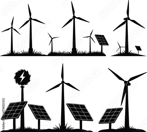 Silhouettes of solar panels, wind turbines, clean energy sources, renewable power, green technology, sustainable electricity, eco environment icon set