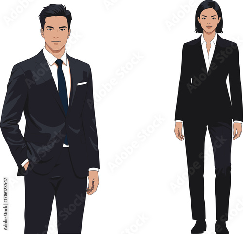 Two business professionals in tailored suits with formal posture, corporate attire, vector illustration for office identity and professional branding