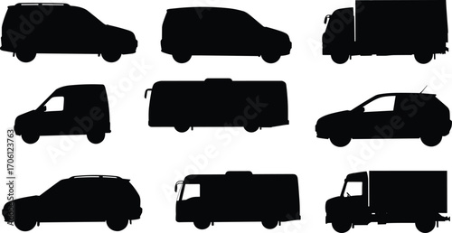 Silhouettes of SUV, van, truck, camper, car, motorhome, commercial vehicle, transportation icons, black grid, isolated vehicle shapes