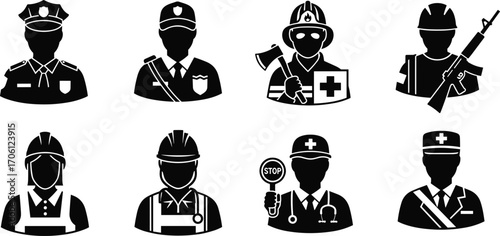 Silhouettes of uniformed professionals, police officers, firefighter, soldier, construction worker, doctor, nurse, healthcare worker, emergency responders, public service