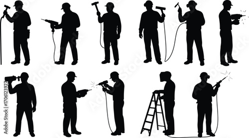 Silhouettes of workers using drill, hammer, welding torch, paint sprayer, ladder, camera, sparks flying, construction, industrial, teamwork, tools