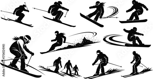 Skiing silhouettes vector, snowboarder clipart, winter sports figures, skier jump illustration, snowboarding icons, extreme snow sport