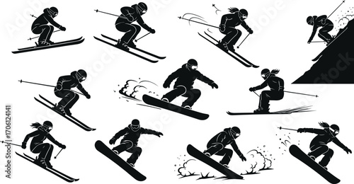 Ski and snowboard silhouette, winter sport action clipart, downhill skiing vector, snowboarding jump pose, extreme sport icons