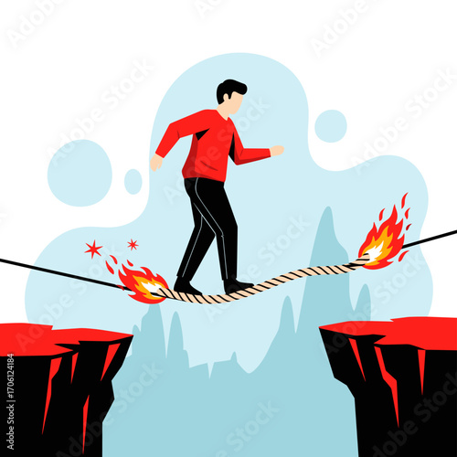Man Walking on Burning Rope Between Cliffs.