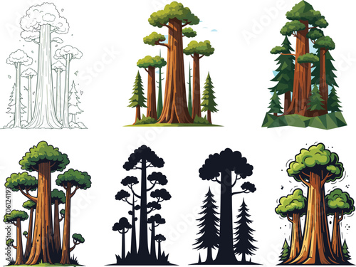 Tall tree vector set, redwood and sequoia styles, silhouette, cartoon, low-poly, realistic, whimsical designs, forest clipart bundle, nature icons