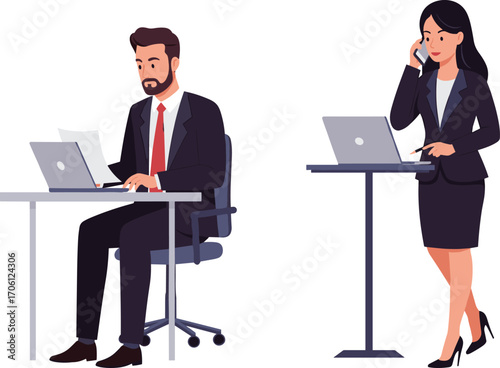 Vector illustration of business professionals multitasking with laptops and documents, ideal for modern office productivity and tech-driven workplace themes