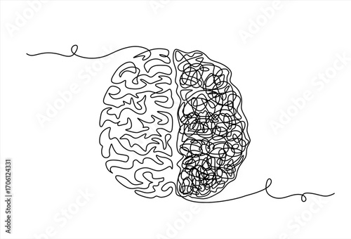 Brain drawn in one continuous line, representing the complexities of mental health. Mental health awareness concept. World Mental Health Day. Hand drawn one line vector. Editable stroke.