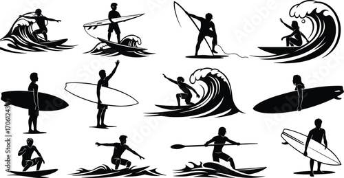 Surfer silhouette vector set, surfing icons, wave riding, beach activity, surfboard people, ocean sport, summer vacation lifestyle design