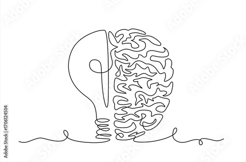 Single continuous line drawing of light bulb with human brain. Creative brain Idea concept with light bulb and brain.. Hand drawn one line vector. Editable stroke	
