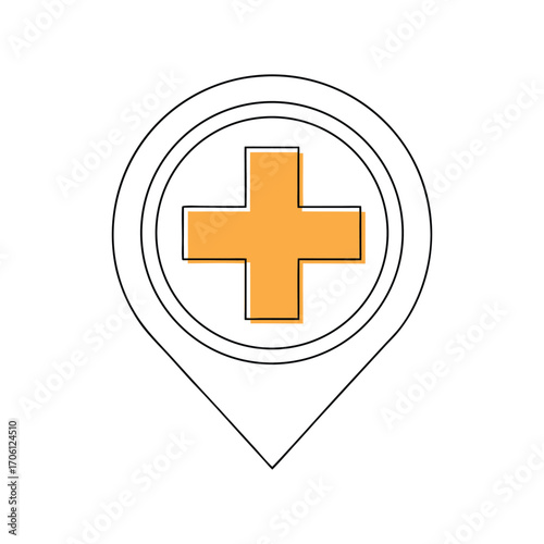 Vector art of minimalist line art illustration of a location pin with a medical cross inside