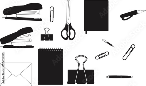 Black and white office stationery vector icons including staplers, paper clips, scissors, notebooks, pens, and envelopes for professional workspace design and organization.