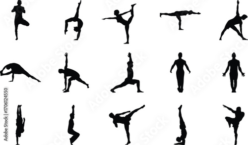 Yoga Vector Silhouettes – Standing Balance, Handstand, Side Stretch, Warrior Pose, Meditation Walk, Kick Pose, Body Flexibility and Mindful Fitness Icons for Health, Exercise and Spiritual Wellness