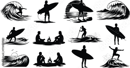 Surfing silhouette vector set, beach waves, surfers, sunset scenes, campfire moments, paddleboarding, ocean lifestyle, summer vibes, black design