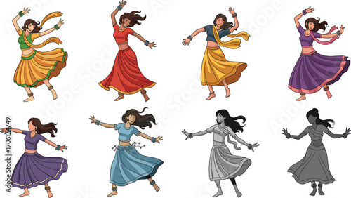 Traditional dance woman character set, cultural costume variations, graceful pose illustration for fashion, lifestyle, festival, and artistic design themes