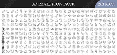 Animals Icon Pack Collection - Large set of 260 outline animal icons, including mammals, birds, reptiles, insects, sea creatures, pets, and wildlife, for nature projects.
