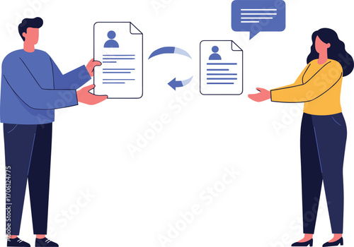 Vector illustration of professionals exchanging resumes and speech bubble, ideal for recruitment, collaboration, and digital document sharing themes