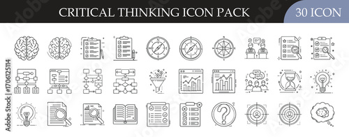 Critical Thinking Icon Set - Collection of 30 outline icons representing concepts of logic, problem-solving, analysis, creativity, decision-making, and structured thinking, ideal for education