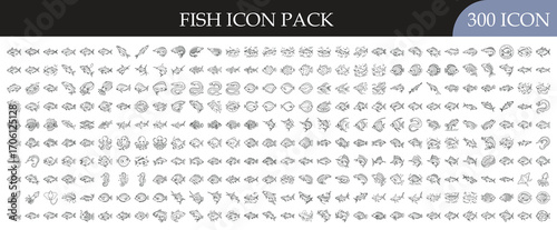 Fish and Marine Life Icon Set - Extensive pack of 300 outline icons featuring a wide variety of fish and aquatic species, suitable for themes like fishing, seafood, marine biology, and underwater life