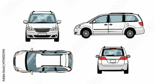 White Minivan Car Vector Illustration: Front, Side, Top and Back Views