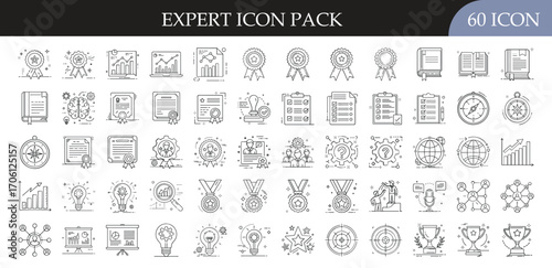 Expert Skills and Achievement Icon Set - Pack of 60 outline icons representing expertise, awards, certificates, training, knowledge, leadership, and recognition for professional and educational themes