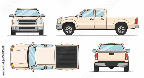 Vector illustration of a beige pickup truck in multiple views, transport design