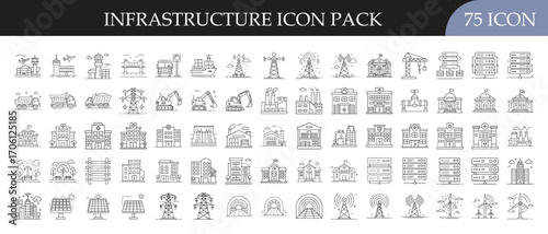 Urban Infrastructure and Construction Icon Set - Collection of 75 outline icons featuring buildings, roads, bridges, factories, energy plants, and city planning elements for infrastructure and develop