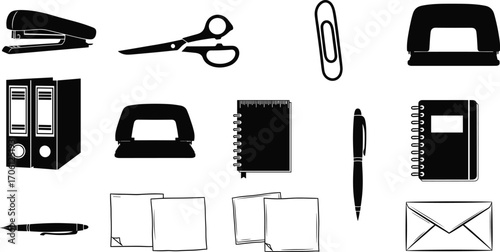 Black and white office supplies vector icons featuring stapler, scissors, paper clip, hole puncher, binders, notebooks, pen, sticky notes, and envelope.