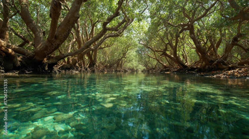 Fototapeta premium A serene mangrove forest with crystalclear water reflecting the lush greenery, creating a peaceful and inviting natural landscape scene