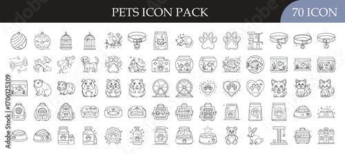 Pets and Animal Care Outline Icon Set - Collection of 70 outline icons featuring dogs, cats, birds, fish, cages, food, and accessories for pet care and animal lifestyle themes.

