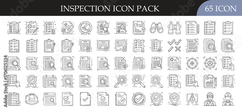 Inspection and Quality Control Icon Set - Collection of 65 outline icons featuring checklists, magnifying glasses, documents, reports, and audit tools for inspection, review, and verification themes.

