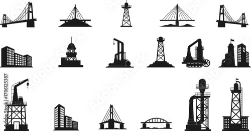 Vector silhouettes of industrial structures, oil rigs, cranes, buildings, towers, bridges, cityscapes, construction equipment, infrastructure, black icons