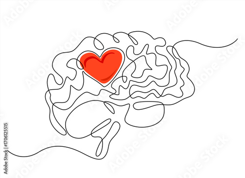 Human brain and heart inside continuous line drawing. Rationality with emotions connection concept. Hand drawn one line vector. Editable stroke	
